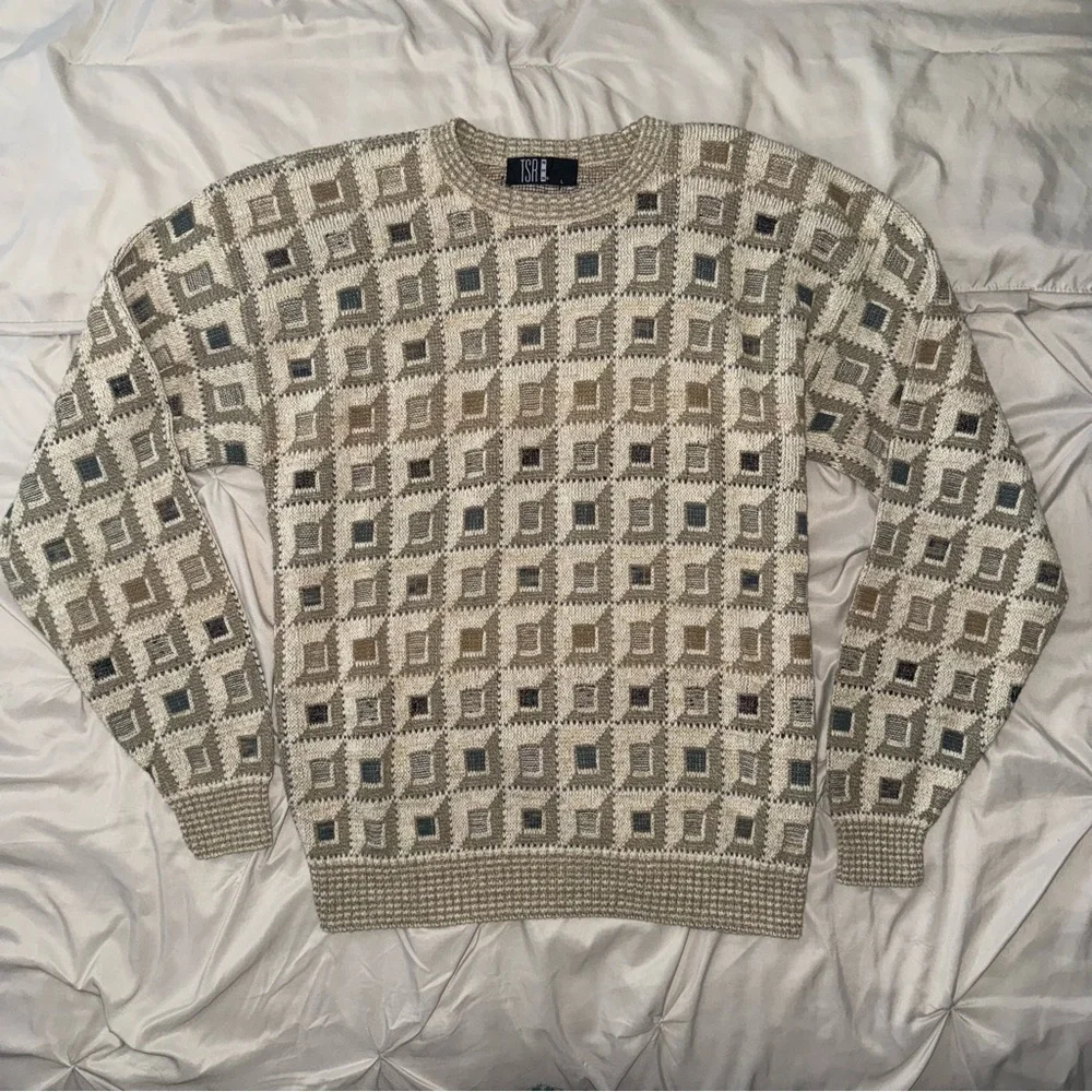 Vintage TSR USA Mens Knit Sweater Sz L Pullover Crew‎ Neck Geometric 80s 90s